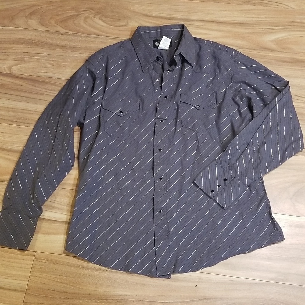 Vintage Wrangler Button Down Gray with Metallic Threading Black Snaps Mens XLT